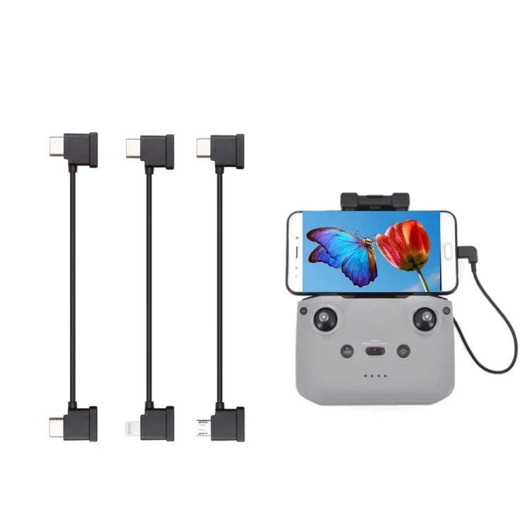 Câble de données USB-C d'origine pour la radiocommande DJI RC-N1, permettant de connecter un téléphone. Connecteurs : USB Type-C, micro USB standard, 8 broches.