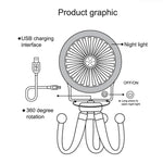 Mini Octopus Night Light Fan Children Cute Baby Carriage Portable USB Charging Fan Random Style Colour Delivery