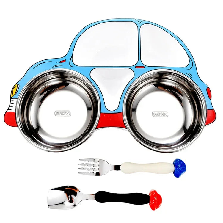 Assiette de voiture pour enfants en acier inoxydable 304, bleu (amovible et lavable)