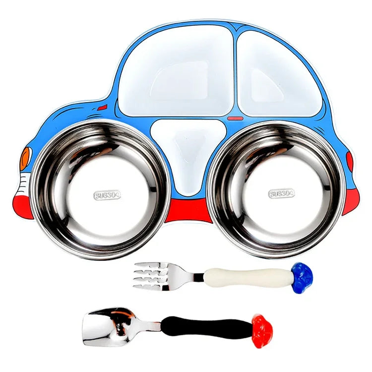 Assiette de voiture pour enfants en acier inoxydable 304, bleu (amovible et lavable)