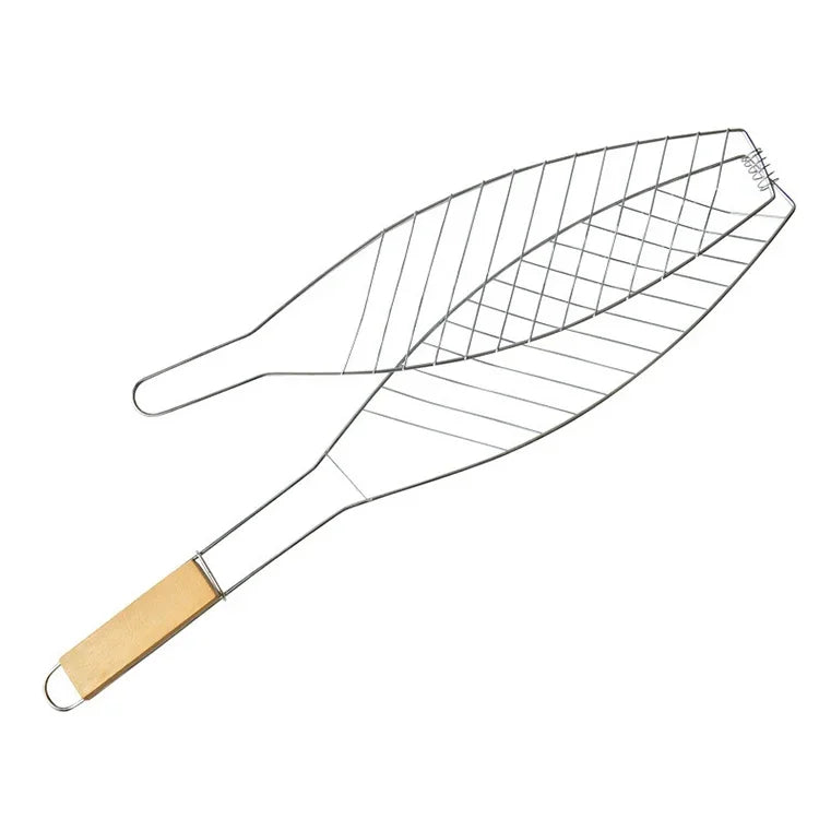 Pince à Barbecue Simple pour Poisson avec Manche en Bois Chromé, Outil de Barbecue pour Poisson Grillé en Extérieur