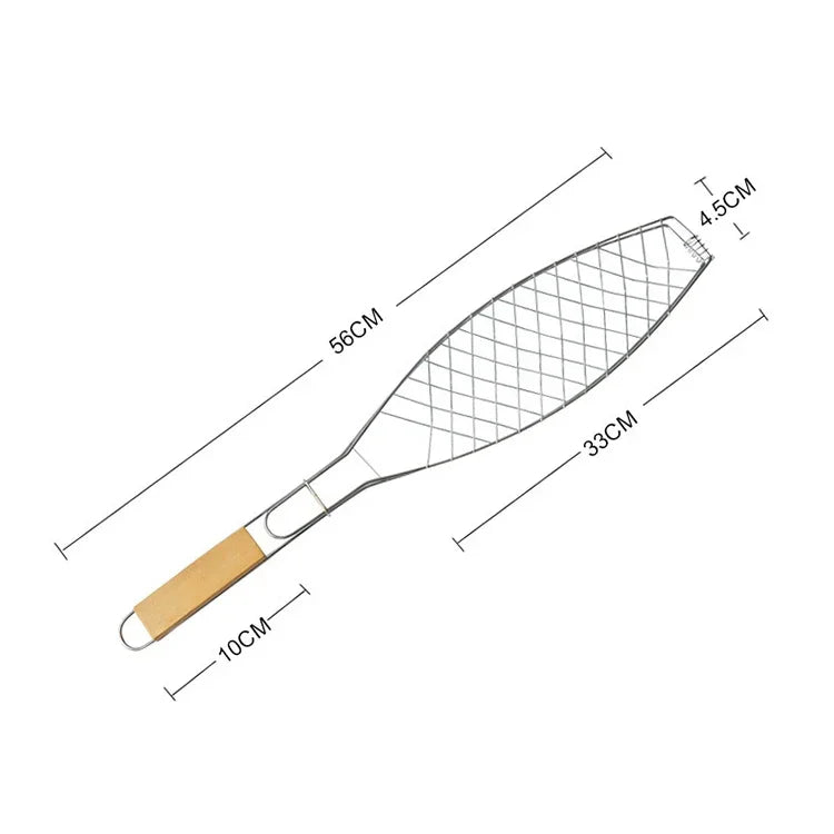 Pince à Barbecue Simple pour Poisson avec Manche en Bois Chromé, Outil de Barbecue pour Poisson Grillé en Extérieur