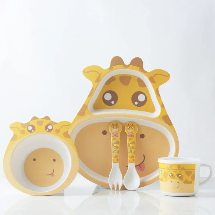 Ensemble de vaisselle en fibre de bambou pour enfants, ensemble d'assiettes de compléments alimentaires pour bébé, motifs mignons de dessins animés, 040 Girafe, 041 Vache, 042 Lion, 043 Singe, 044 Panda, 045 Grenouille