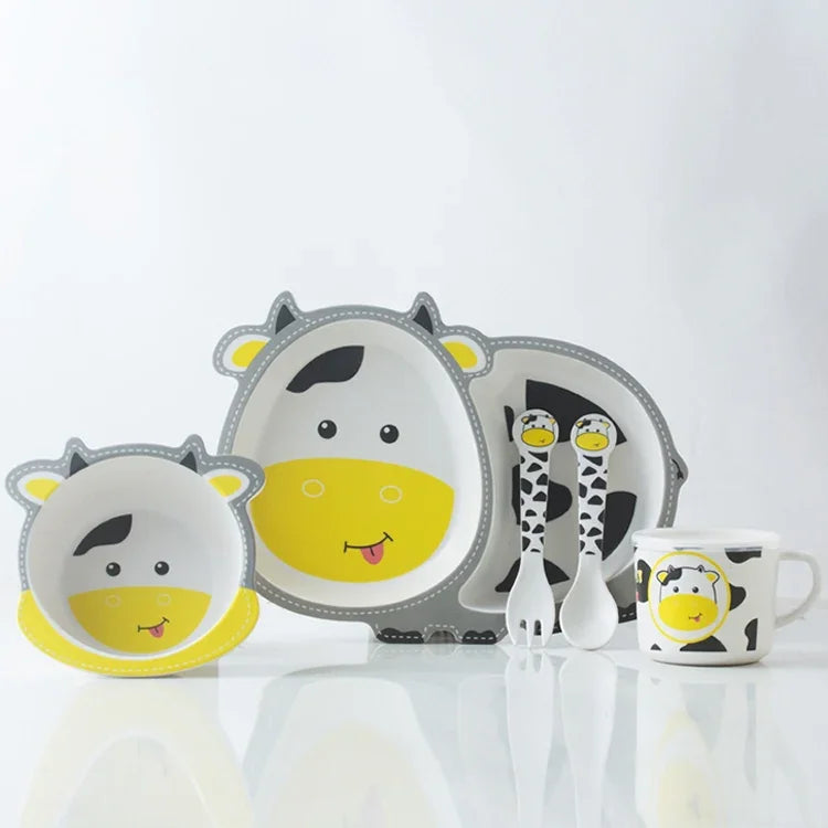 Ensemble de vaisselle en fibre de bambou pour enfants, ensemble d'assiettes de compléments alimentaires pour bébé, motifs mignons de dessins animés, 040 Girafe, 041 Vache, 042 Lion, 043 Singe, 044 Panda, 045 Grenouille