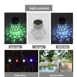 2 lampes solaires décoratives de jardin à suspension en forme de boule creuse, 2 boules creuses blanches, 2 boules creuses colorées