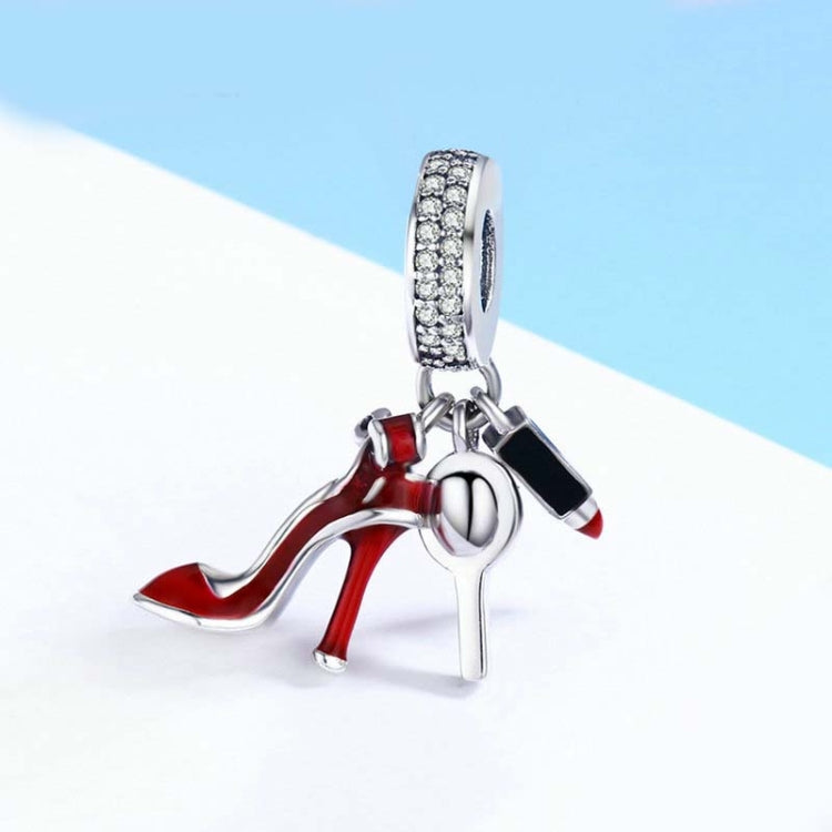 Breloque en argent sterling 925 Rouge à lèvres Talons hauts Miroir de maquillage Pendentif