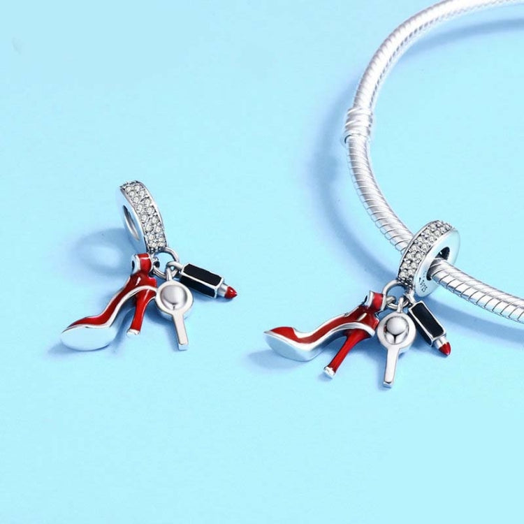 Breloque en argent sterling 925 Rouge à lèvres Talons hauts Miroir de maquillage Pendentif
