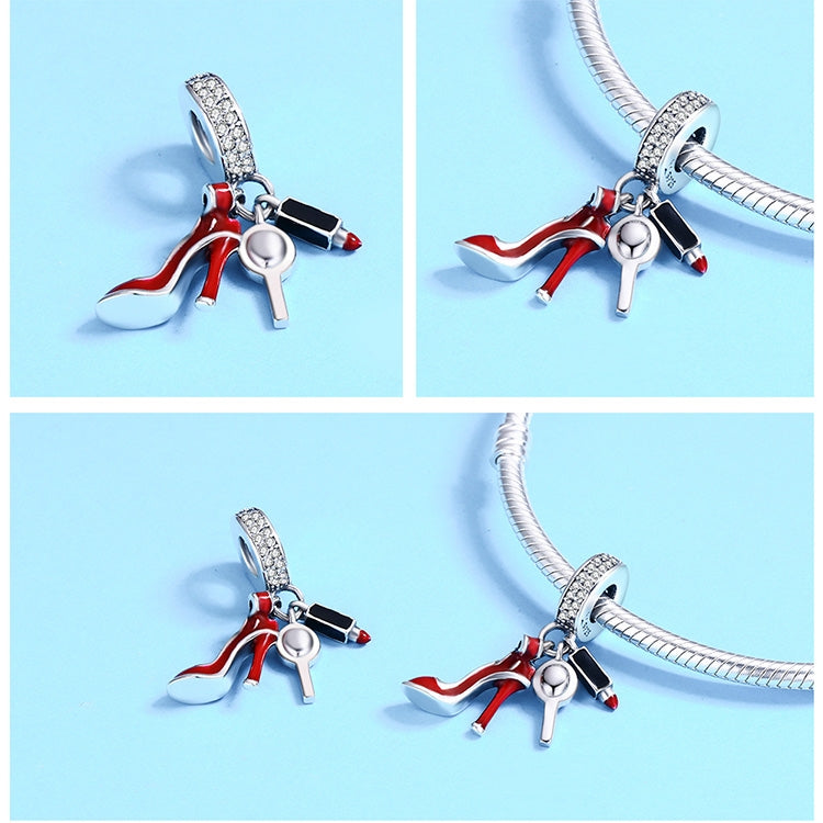 Breloque en argent sterling 925 Rouge à lèvres Talons hauts Miroir de maquillage Pendentif