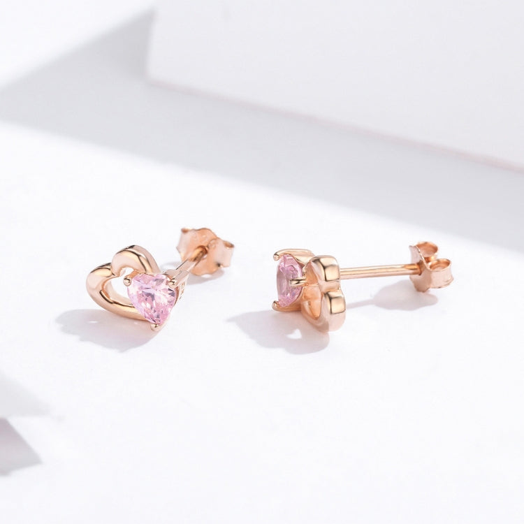 Boucles d'oreilles en argent sterling avec zircon, plaquées or rose en forme de cœur, SCE090-C