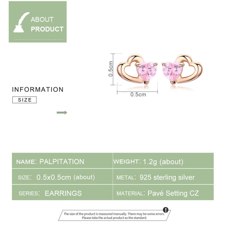 Boucles d'oreilles en argent sterling avec zircon, plaquées or rose en forme de cœur, SCE090-C