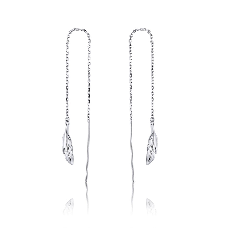 Boucles d'oreilles longues en argent sterling plaqué platine motif plume, pour fille, SCE786