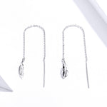 Boucles d'oreilles longues en argent sterling plaqué platine motif plume, pour fille, SCE786