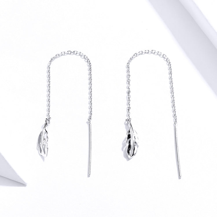 Boucles d'oreilles longues en argent sterling plaqué platine motif plume, pour fille, SCE786