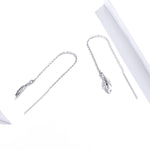 Boucles d'oreilles longues en argent sterling plaqué platine motif plume, pour fille, SCE786