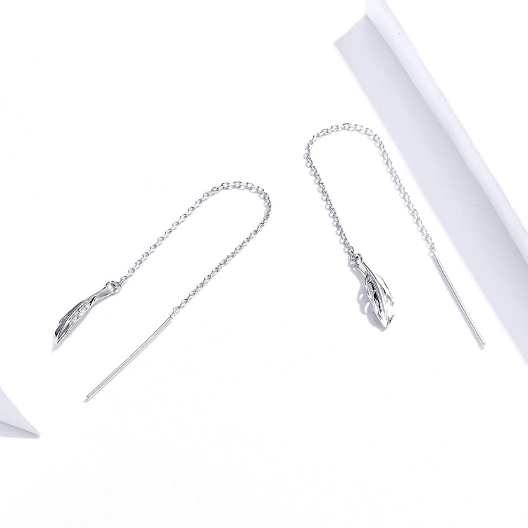 Boucles d'oreilles longues en argent sterling plaqué platine motif plume, pour fille, SCE786