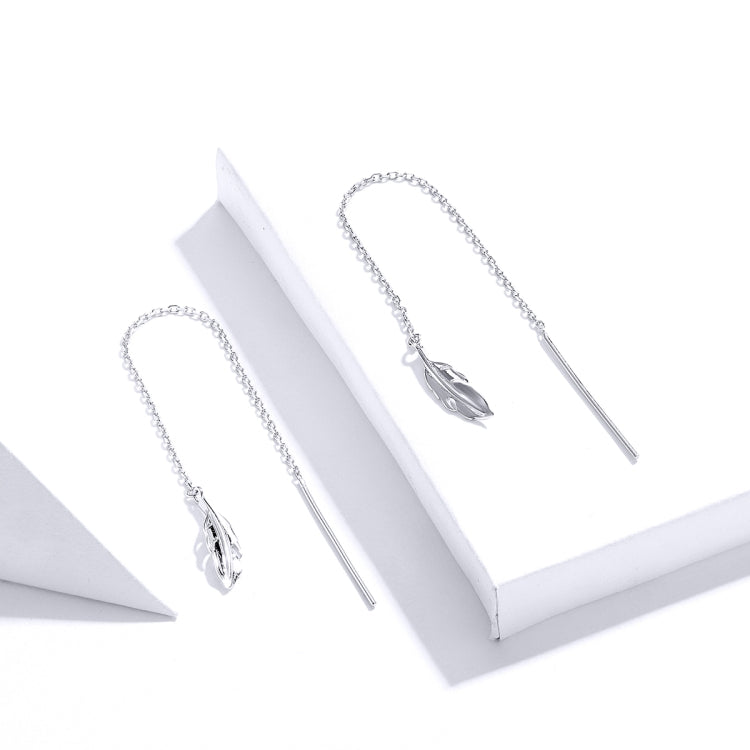 Boucles d'oreilles longues en argent sterling plaqué platine motif plume, pour fille, SCE786
