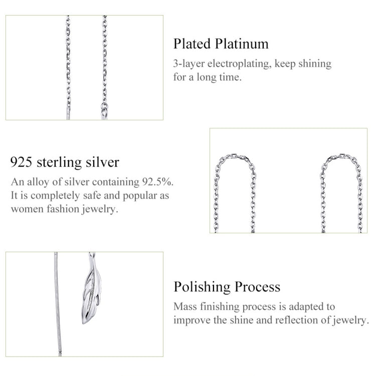 Boucles d'oreilles longues en argent sterling plaqué platine motif plume, pour fille, SCE786