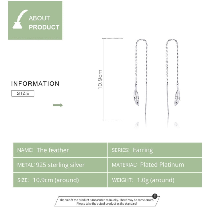 Boucles d'oreilles longues en argent sterling plaqué platine motif plume, pour fille, SCE786