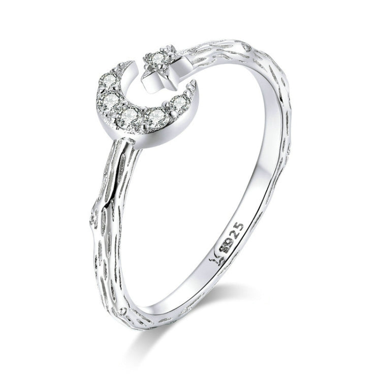 Bague ouverte rétro mode en argent sterling S925 étoile et lune plaquée platine, zircon, SCR638