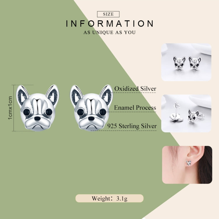Boucles d'oreilles animaux en argent sterling S925, boucles d'oreilles en argent uni avec bouledogue, SCE283