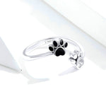 Bague ouverte ajustable en argent sterling S925, motif patte d'animal, avec anneau noir dégoulinant, SCR605