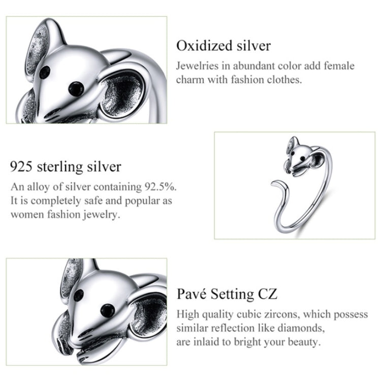 Bague ouverte en argent sterling S925, motif rat du zodiaque chinois du Nouvel An, SCR632