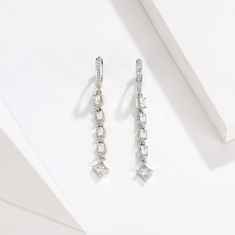 Boucles d'oreilles longues en argent sterling S925 plaqué platine avec zircon, SCE583