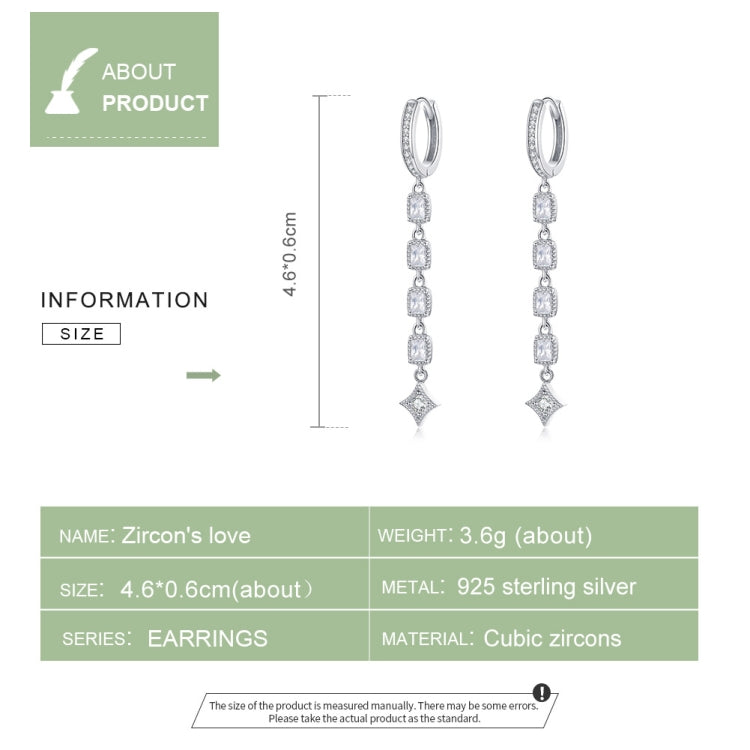 Boucles d'oreilles longues en argent sterling S925 plaqué platine avec zircon, SCE583