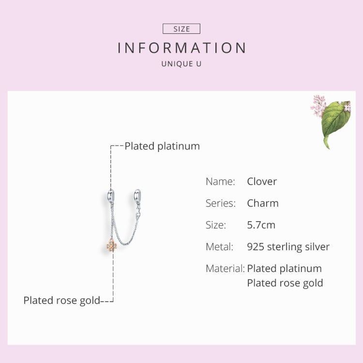 Chaîne de sécurité trèfle plaquée platine en argent sterling S925, accessoires de bracelet DIY, SCC1261