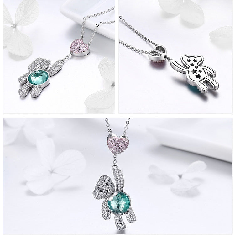 Collier Ours Mignon en Argent Sterling S925 Plaqué Or Rose avec Zircon, SCN271