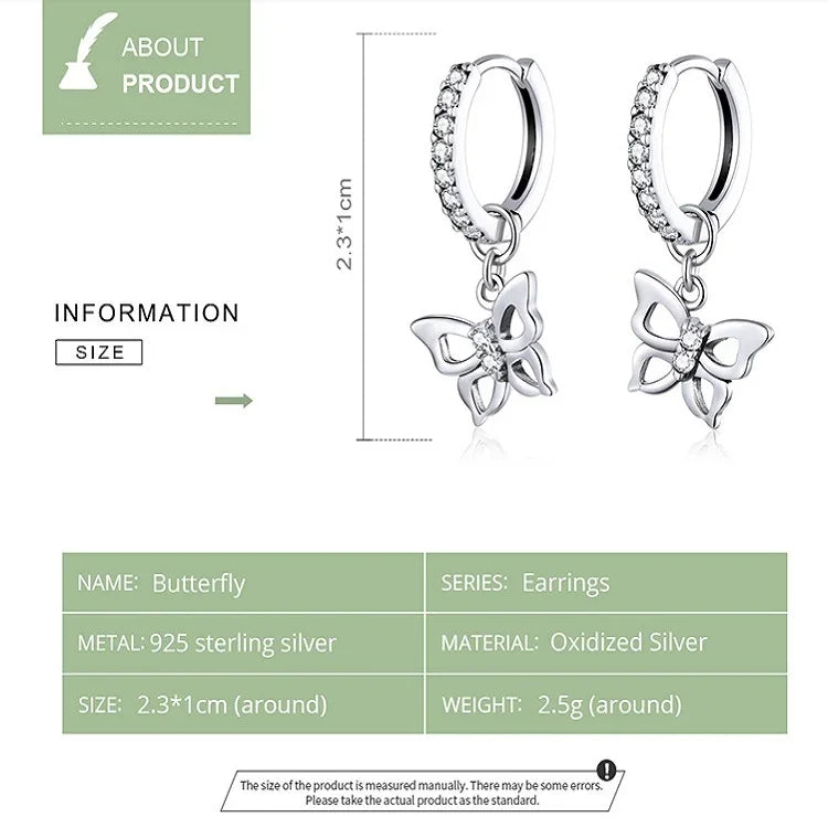Boucles d'oreilles papillon en argent sterling S925, creuses avec zircon, SCE833