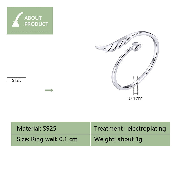 Bague Ailes d'Ange Ouverte en Argent Sterling S925, Bague Ouverte Plaqué Or Blanc, SCR567