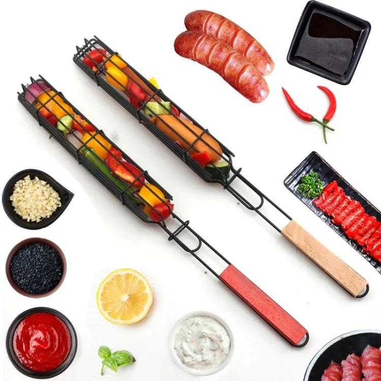 2 pièces cage à hot-dog pour barbecue, pince à saucisse pour barbecue, pince à barbecue en maille avec manche en bois, couleur bois, rouge