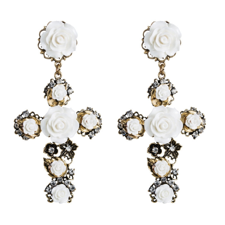 1 paire de boucles d'oreilles pendantes longues en forme de croix avec fleurs de roses baroques, blanc, rouge, noir