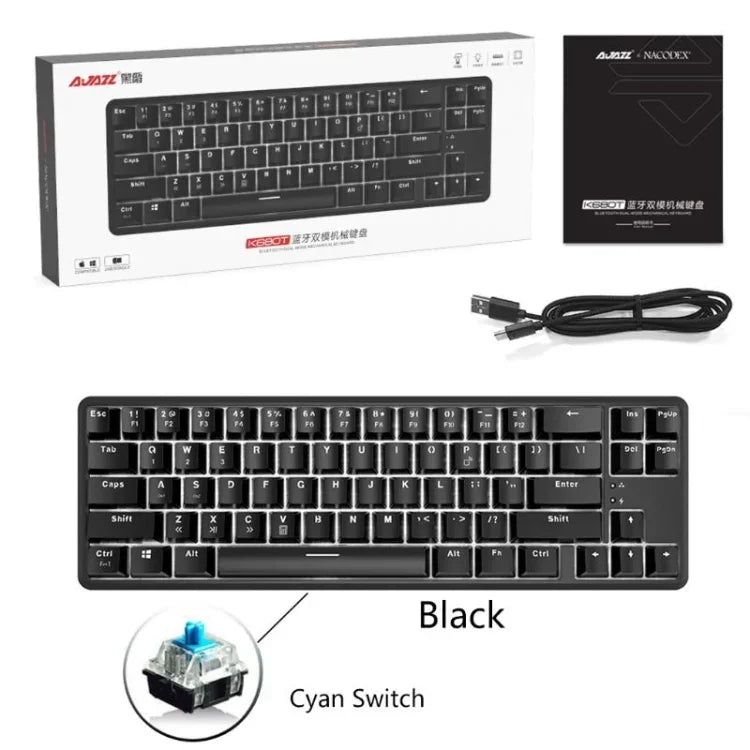 Clavier mécanique Bluetooth pour ordinateur portable Ajazz K680T Mini USB filaire bimode 68 touches, longueur du câble : 1,6 m, commutateur vert, commutateur noir, commutateur marron