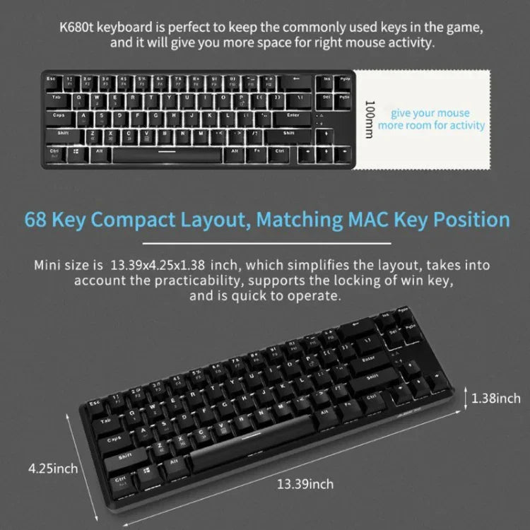 Clavier mécanique Bluetooth pour ordinateur portable Ajazz K680T Mini USB filaire bimode 68 touches, longueur du câble : 1,6 m, commutateur vert, commutateur noir, commutateur marron