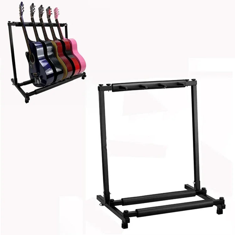 Étagère de présentation pliable en métal pour guitares, disponible en trois, cinq, sept ou neuf niveaux.