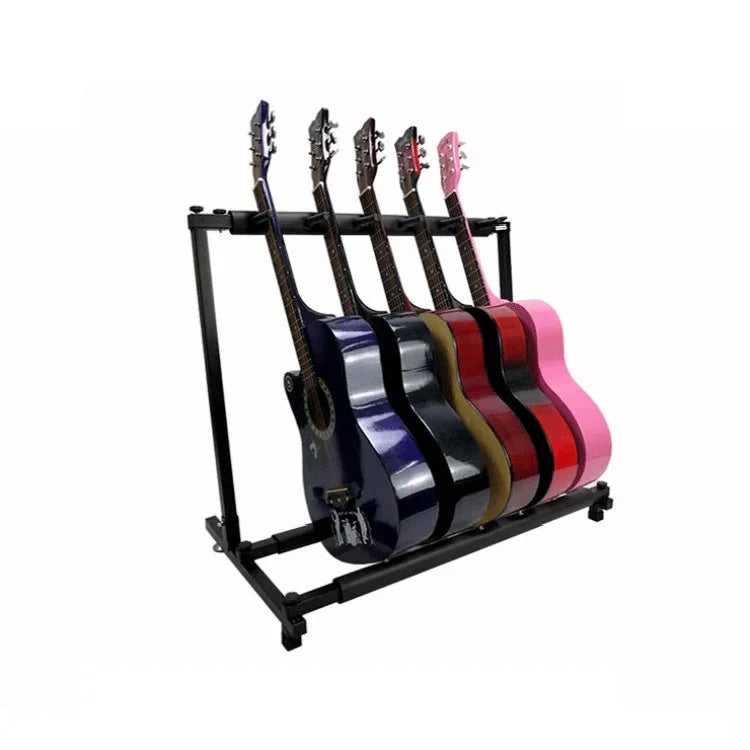 Étagère de présentation pliable en métal pour guitares, disponible en trois, cinq, sept ou neuf niveaux.