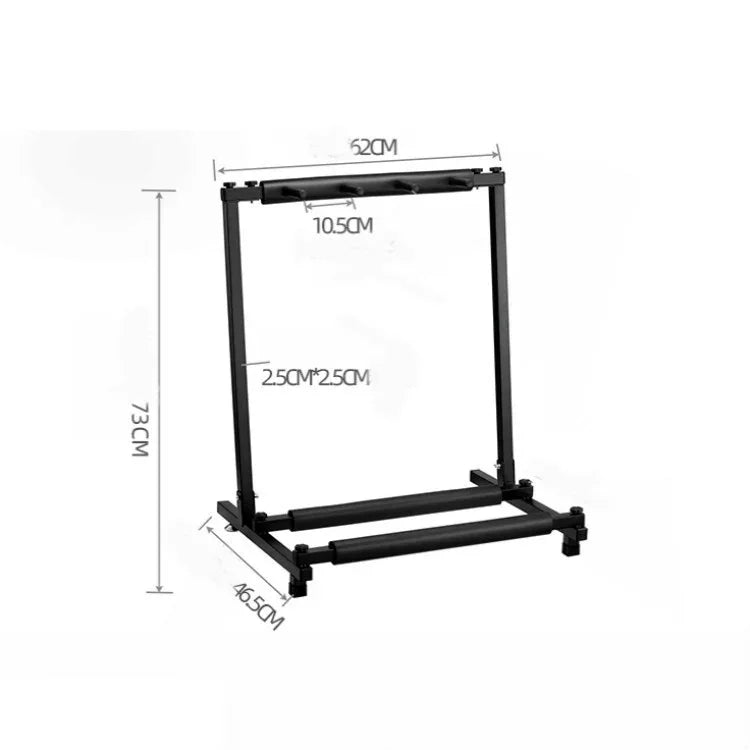 Étagère de présentation pliable en métal pour guitares, disponible en trois, cinq, sept ou neuf niveaux.