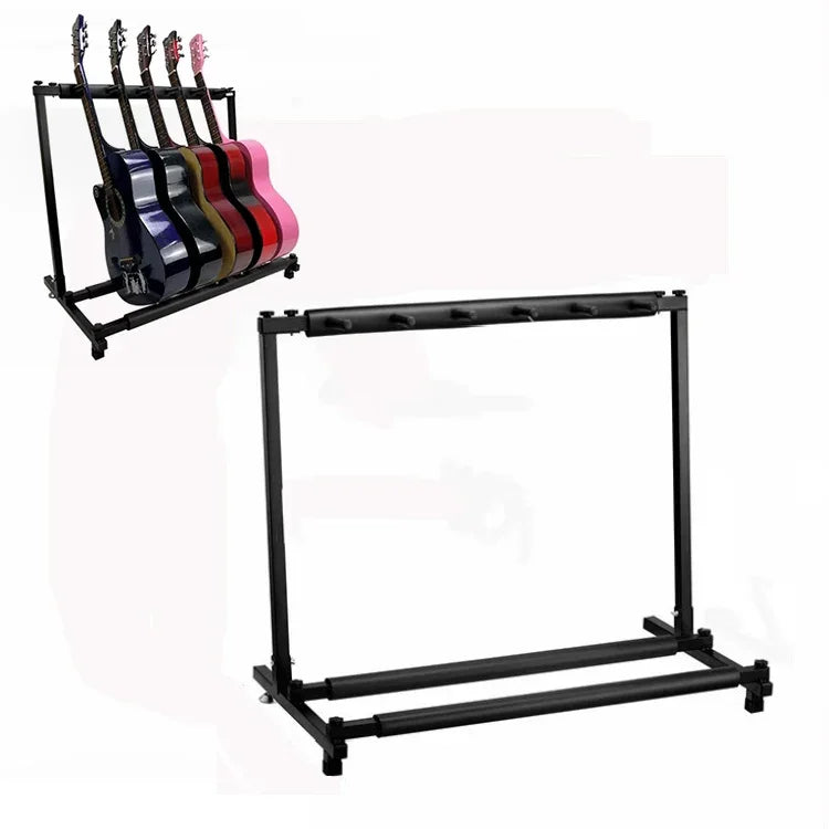 Étagère de présentation pliable en métal pour guitares, disponible en trois, cinq, sept ou neuf niveaux.