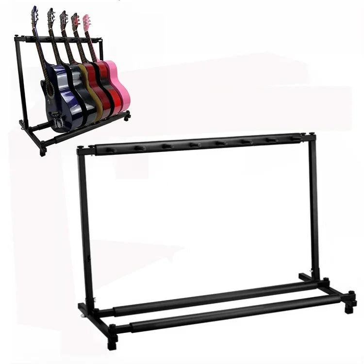 Étagère de présentation pliable en métal pour guitares, disponible en trois, cinq, sept ou neuf niveaux.