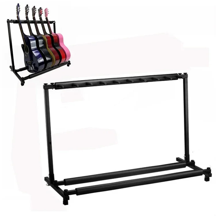 Étagère de présentation pliable en métal pour guitares, disponible en trois, cinq, sept ou neuf niveaux.