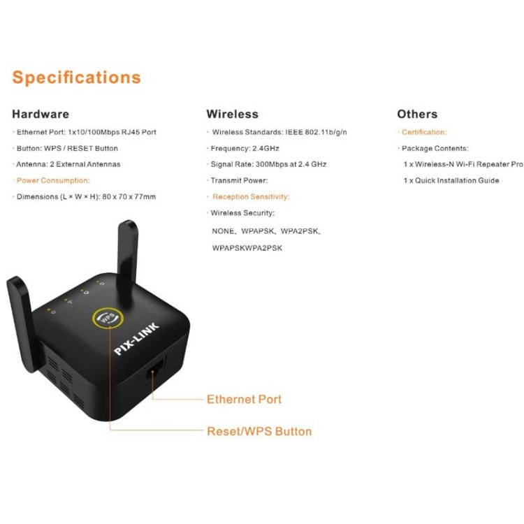 PIX-LINK WR22 Amplificateur d'Amélioration de Signal Wifi 300Mbps, Prise EU, Prise US, Prise UK, Prise AU