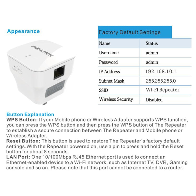 Répéteur amplificateur de signal WIFI PIXLINK WR12 300Mbps, prise EU, prise UK, prise US, prise AU