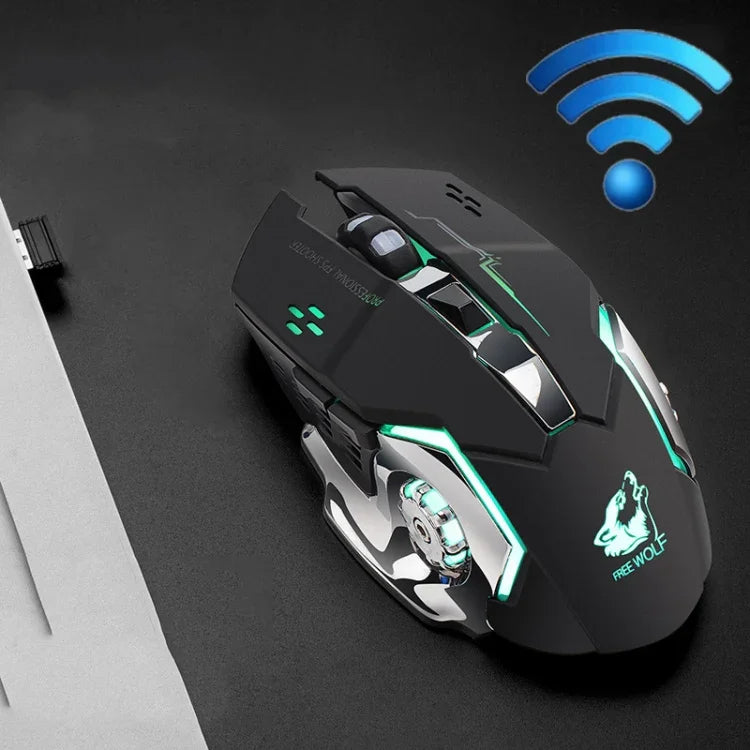 FREEDOM-WOLF X8 2400 DPI 6 boutons Souris de jeu mécanique lumineuse silencieuse sans fil 2,4 G avec chargement, X8 Noir, X8 Gris Métal, X8 Noir Étoilé