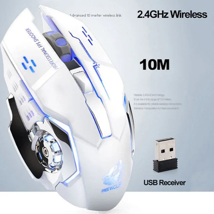 FREEDOM-WOLF X8 2400 DPI 6 boutons Souris de jeu mécanique lumineuse silencieuse sans fil 2,4 G avec chargement, X8 Noir, X8 Gris Métal, X8 Noir Étoilé