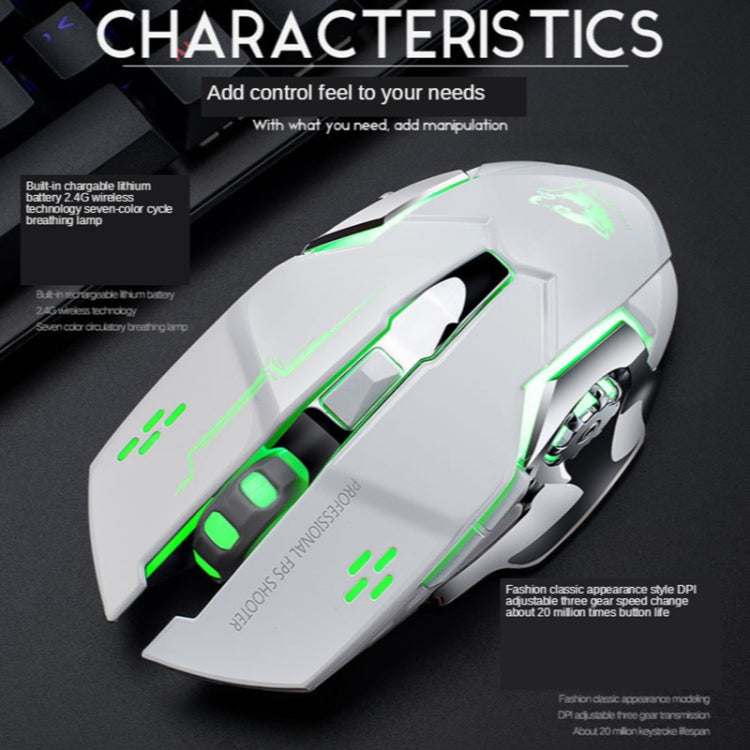 FREEDOM-WOLF X8 2400 DPI 6 boutons Souris de jeu mécanique lumineuse silencieuse sans fil 2,4 G avec chargement, X8 Noir, X8 Gris Métal, X8 Noir Étoilé