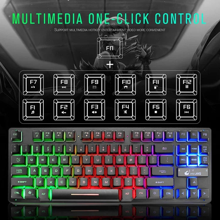 Clavier de jeu ZIYOULANG K16 87 touches colorées à lumière mixte pour ordinateur portable, longueur du câble : 1,5 m, K16