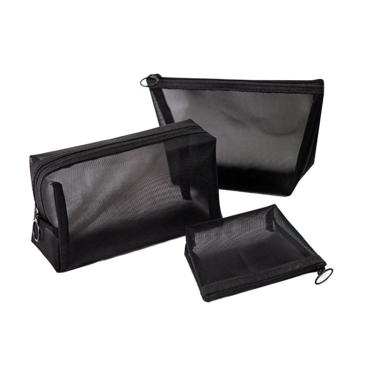 Trousse de toilette en maille transparente noire trois pièces grande capacité de voyage, Trousse de rangement trois pièces