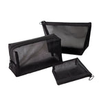 Trousse de toilette en maille transparente noire trois pièces grande capacité de voyage, Trousse de rangement trois pièces